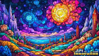 A tinted glass landscape stretches toward a round yellow sun under purple skies