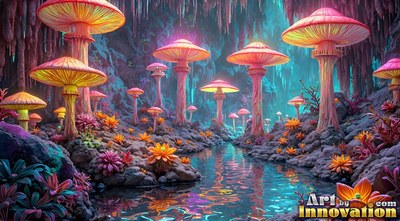 Standing tall in a rocky cavern, bright pink mushrooms line a stream