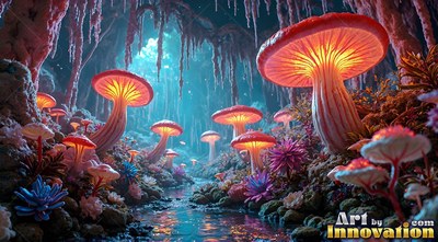 Bright orange mushrooms light up a blue stream inside a rocky cave