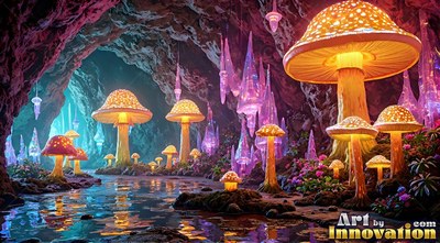 In a rocky cave, bright yellow mushrooms grow along a shallow stream