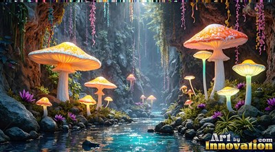 Spreading over rocky shores, bright orange mushrooms light a blue stream