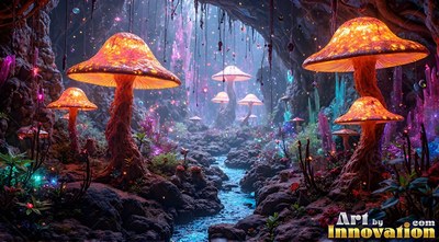 Orange mushrooms along a blue stream in a cave