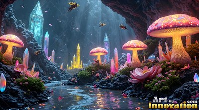 Bright pink toadstools stand beside tall crystal towers along a stream in a dark rocky cavern