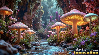 Large mushrooms grow along a stony creek with bright yellow light under their pink caps