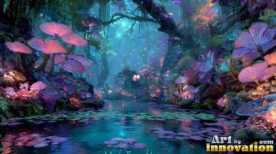 Facing forward over dark water, bright pink mushrooms grow in a blue forest
