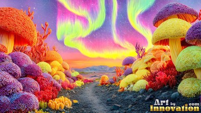 A path winds past bright mushrooms and coral under green northern lights