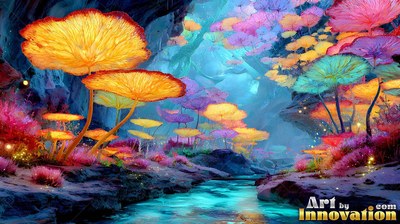 In a dark rocky canyon, bright yellow and pink mushrooms grow by a stream