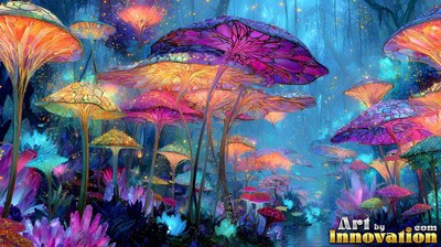 Sprouting across a misty forest, bright purple and orange giant mushrooms shine