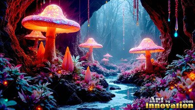 Bright pink mushrooms line a stream in a shadowy cave