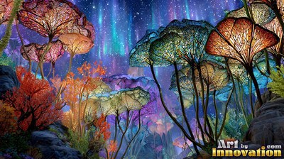 Veined glass caps top tall mushrooms standing under bright northern lights