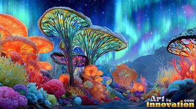 Tall mushrooms rise over colorful coral reefs under green northern lights