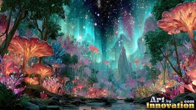 Facing upright in a forest, pink mushroom plants grow beneath a starry green sky