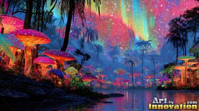 Bright mushrooms line a quiet lake under a colorful night sky filled with stars