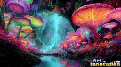 In a bright cave, colorful mushrooms line a blue river leading to a waterfall
