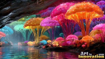 Sprouting along a dark cave pool, bright orange and pink mushrooms shine with light