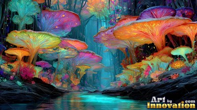 Bright orange and purple mushrooms along a stream in a dark forest