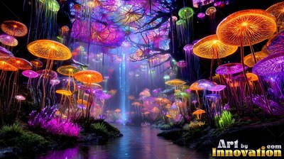 Bright orange mushroom caps stand on thin stems along a dark river in a purple forest