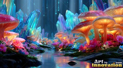 Mushrooms rise along a dark stream beside tall blue crystals in soft orange light