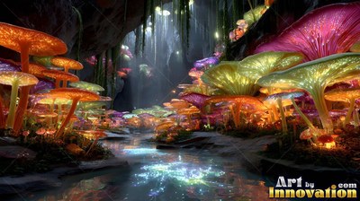 Spreading across a cave, bright pink and yellow mushrooms line a stream