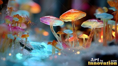 Translucent orange and pink tinted glass mushrooms sprout beside a blue stream