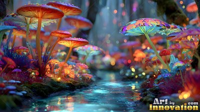 In a misty forest, bright glass mushrooms grow beside a blue stream