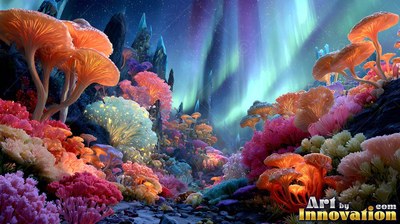 Spreading beneath green aurora skies, orange mushrooms rise along a rocky trail