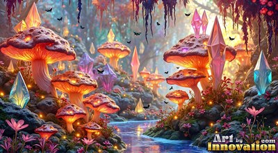 Orange mushrooms and pink crystals along a stream in a forest