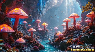Bright orange speckled caps top tall mushrooms standing beside a blue stream in a cave