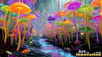 Bright mushrooms line a stream, shining with warm orange and purple light
