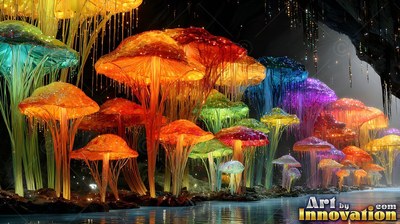 Standing tall in a dark cave, bright colored glass mushrooms rise beside water