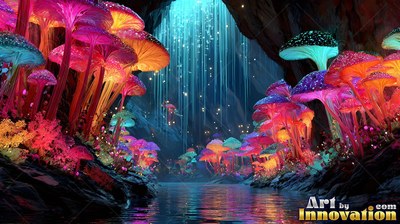 Tall pink and blue mushrooms line a dark cave pool under falling light