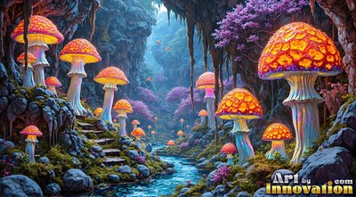 In a rocky cavern, bright orange mushrooms line a flowing stream