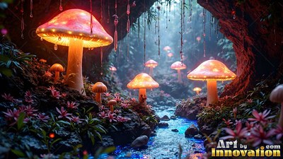Shining beside a rocky stream, large orange mushrooms light a deep cave