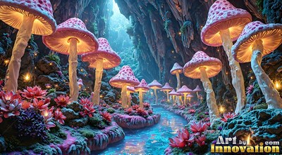 Pink mushrooms line a blue stream inside a dark rocky cave