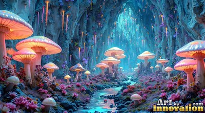 Ribbed pink undersides on tall mushrooms line a shallow blue stream inside a rocky cavern