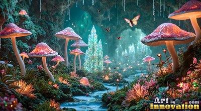 Giant pink mushrooms rise along a stream beside a sparkling crystal tree