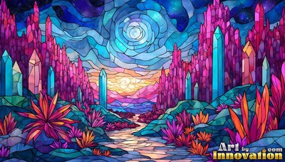 Seen straight on, a winding path cuts between pink crystal spires under blue sky