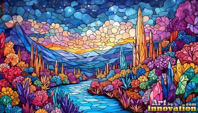 A mosaic glass landscape with tall crystal spires, colorful plants, and a blue river