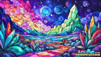 Under a starry night sky, a winding path leads into colorful mountains