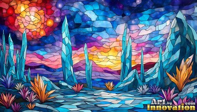 Rising under a sunset sky, blue crystal spires dot a tinted glass landscape