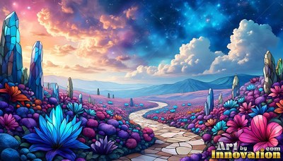 Stone path through purple flowers beside blue crystals