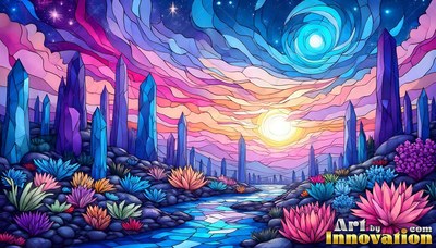 Tall blue crystal pillars rise along a stream under pink colored glass clouds