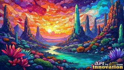 Tall stone spires rise beside a winding river under a bright orange sunset