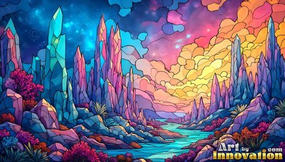 Standing tall in a rocky valley, bright crystal spires line a winding river