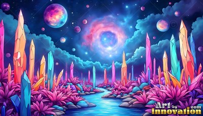 Colorful crystal spires line a winding river under a starry sky with bright planets