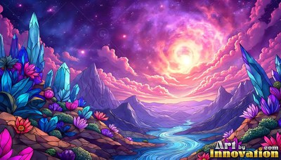 In a mountain valley under a pink sky, blue crystals rise beside a winding river