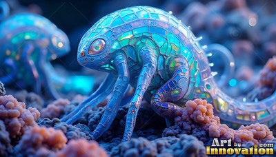 Crawling on pink coral rock, a turquoise glass alien creature crouches forward