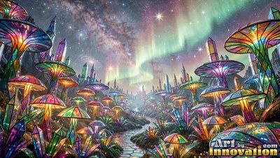 Colored glass mushrooms and crystals under an aurora sky