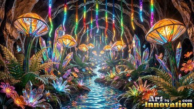 Stained-glass mushroom caps rise along a cave stream lined with crystals