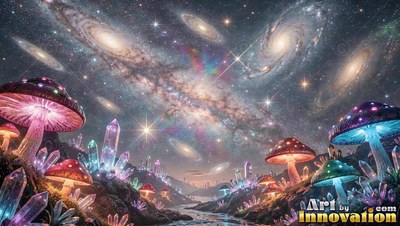 Spotted mushrooms grow beside crystal spires under purple and pink spiral galaxies